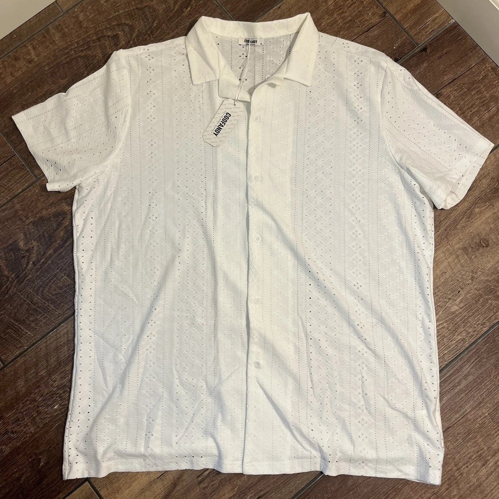 Coofandy Shirt Men's XL White Stretch Eyelet Short Sleeve Button Down Polo Flaw*